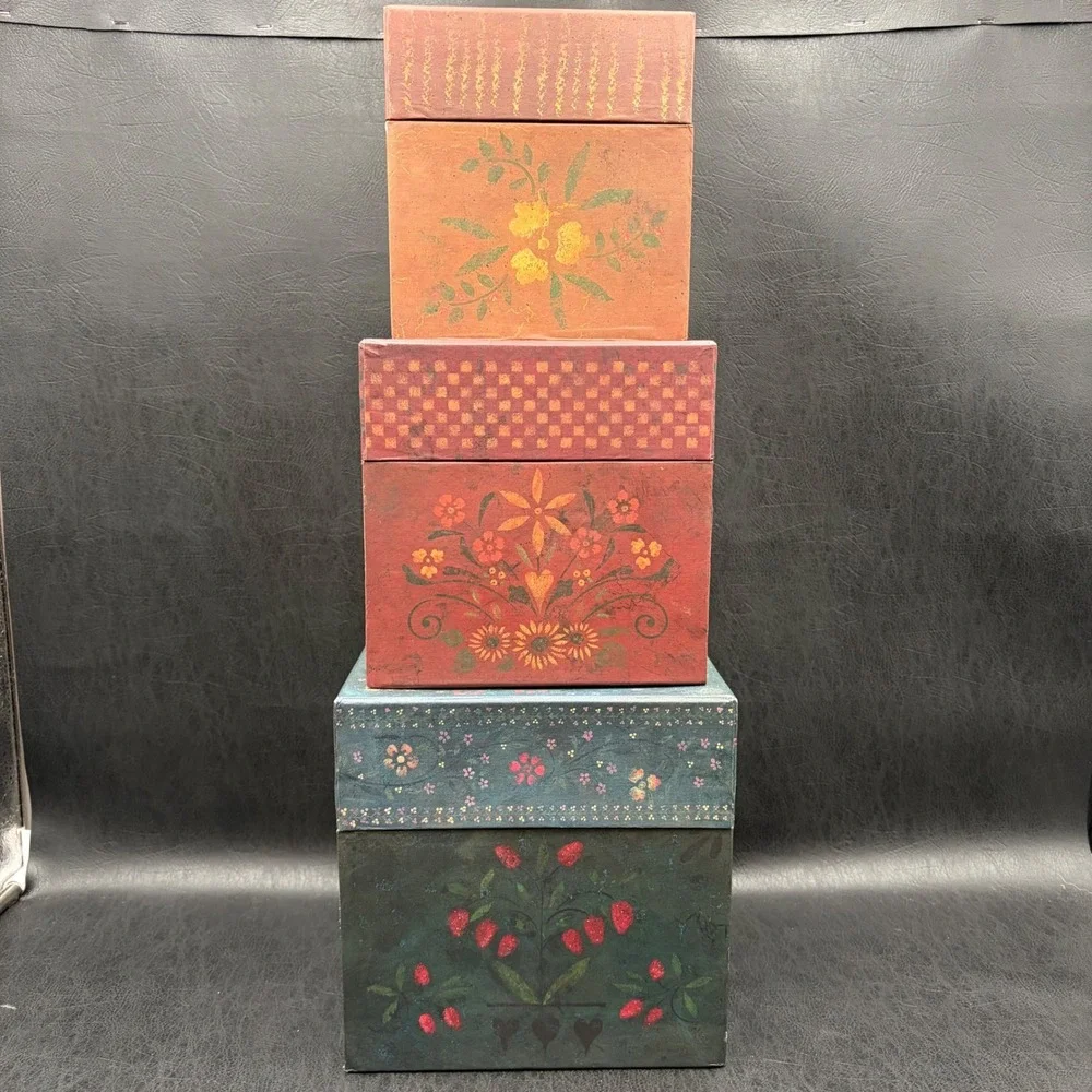 Bobs Boxes Primitive Organic Colors Nesting Storage Box Set 3 Floral Folk Art